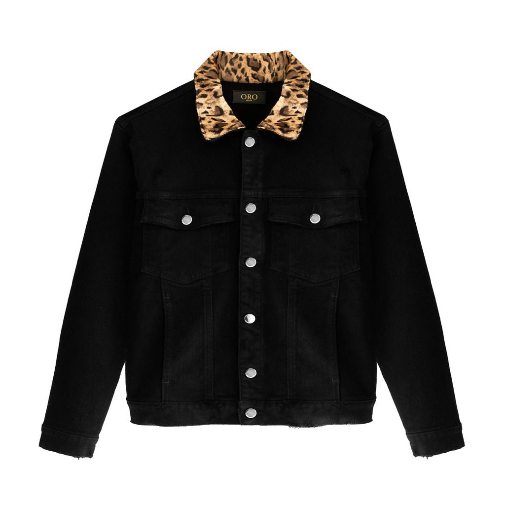 Black denim jacket with leopard outlet collar